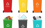 Contenedores de reciclaje de color rojo, amarillo, naranja, verde, negro y azul.